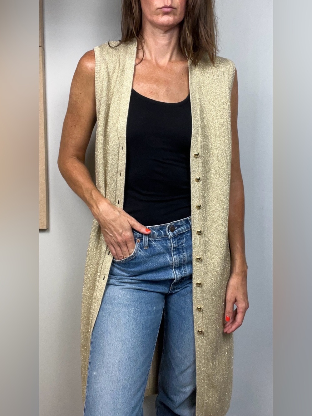 Vintage Gold Metallic Ribbed Knit Midi Dress / Duster Vest – M